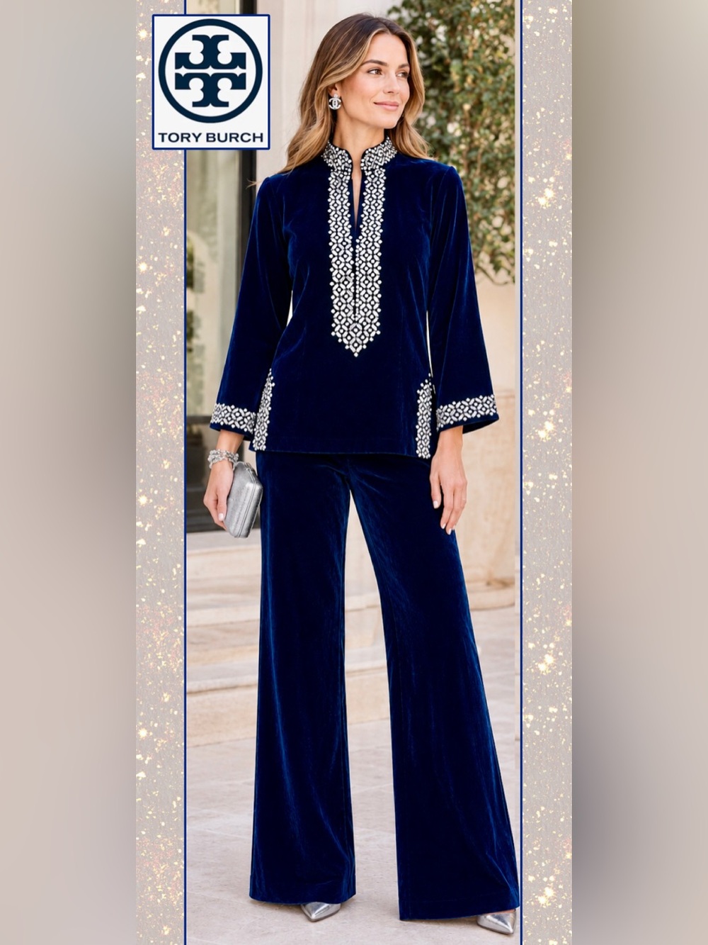 Nwt Tory Burch Navy Velvet 2Pc Set Sz 6 Tunic Flare Pants Silver Paillettes $898